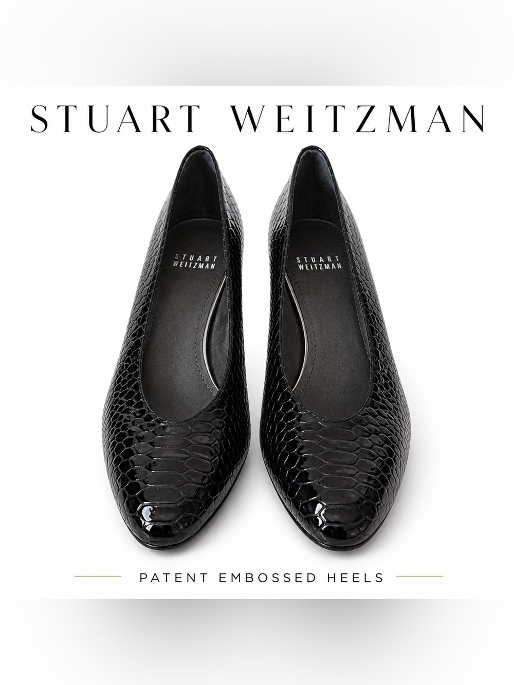 Stuart Weitzman Black Patent Embossed Pointed-Toe Kitten Heels New